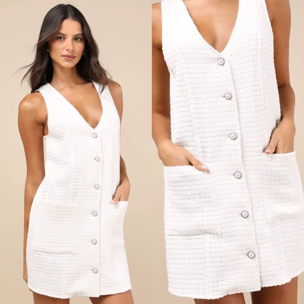 Lulus Elevated Concept White Tweed Lurex Button-Front Shift Mini Dress M NWT - Picture 1 of 9